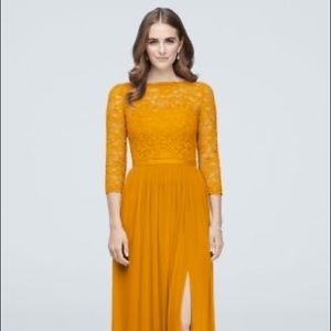 David’s Bridal Marigold Yellow Mustard 3/4-Sleeve Illusion Lace Bridesmaid Dress